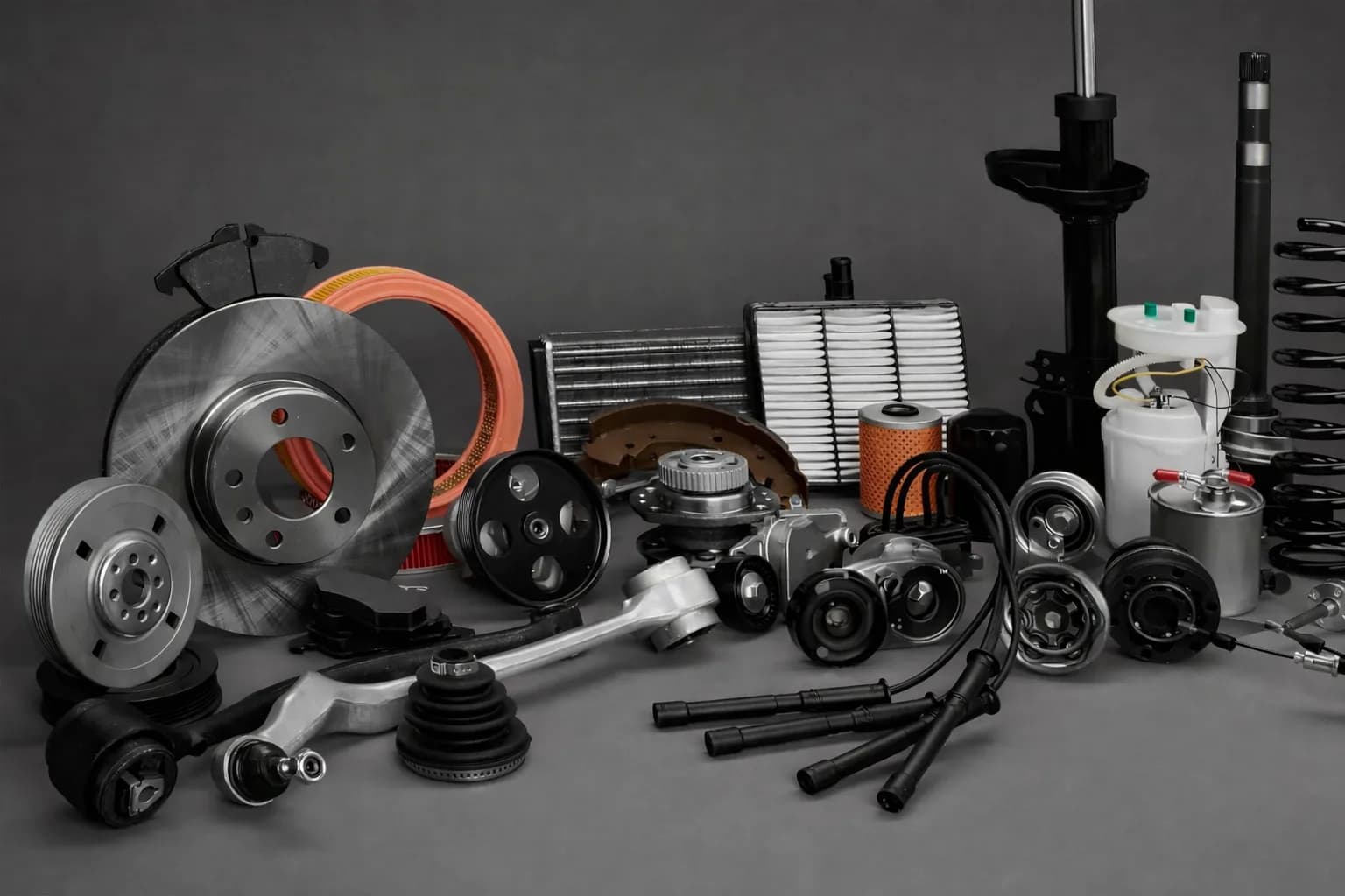 Genuine parts laid out on a workshop bench
