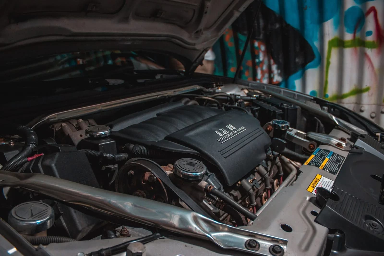An engine bay open for inspection